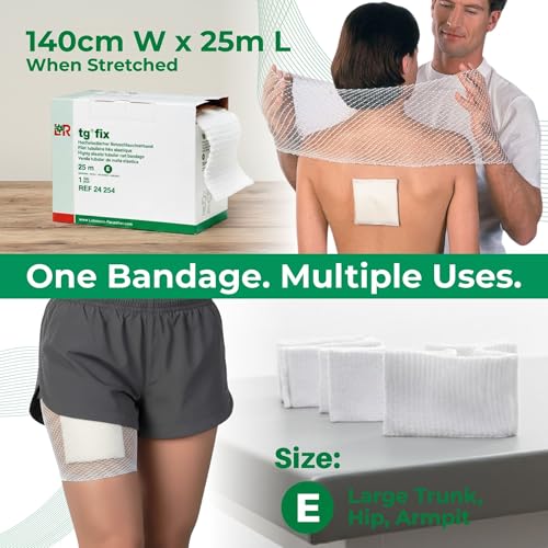 Image of Lohmann & Rauscher tg Fix Net Tubular Bandage, Elastic Mesh Retainer for Wound Dressings, Size E for Large Trunk, Hip, and Armpit, 140cm x 25m, Wide-Mesh, Bi-Elastic, Ladder‑Proof, Cuttable Netting