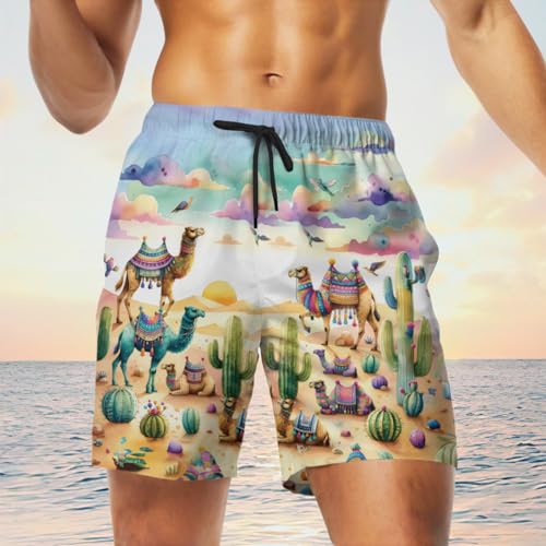 Funny Camel Men's Swim Trunks - Tropical Animals Hawaiian Shorts for Men, Men's Summer Bathing Shorts Set 552
