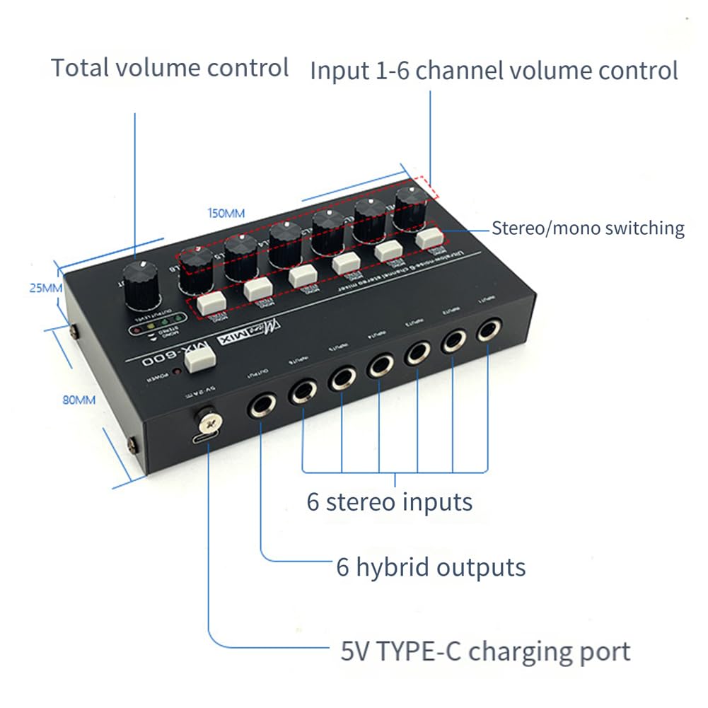 DHYAWUER MX600 Ultra Low-Noise 6-Channel Line Mixer Stereo/Single Track Switch Microphone Preamplifier Sound Mixer - Image 3