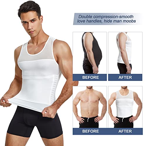 Molutan Compression Shirts For Men Shapewear Chest Abdomen Control Body Shaper Slimming Undershirt Workout Vest Tank Top White #TOP3