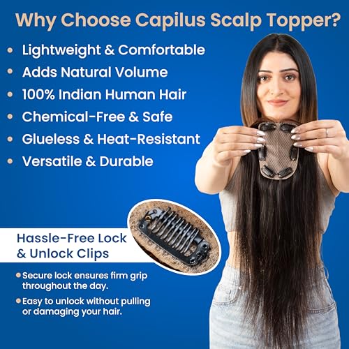 Image of Capilus 100% Human Hair Extensions for Women, Clip in Scalp Topper /Hair Topper, Silk Based- (5 inchx3 inch, 16 Inches, Natural Brown)