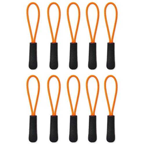 [10] Zipper Pulls - Strong Nylon Cord with Ergonomically Designed Rubber No Slip Textured Gripper Pull to Fit Any Zipper - High Quality Materials-Zipper Fixer-by NEO Tactical Gear (Black/Orange)