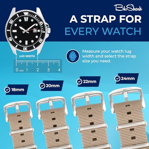 Image of BluShark - Original Collection Military-Style Waterproof Watch Strap, Fits All Timepiece Brands, Durable Nylon Wristwatch Accessories with Stainless Steel Buckle - 18mm, 20mm, 22mm & 24mm Watch Bands