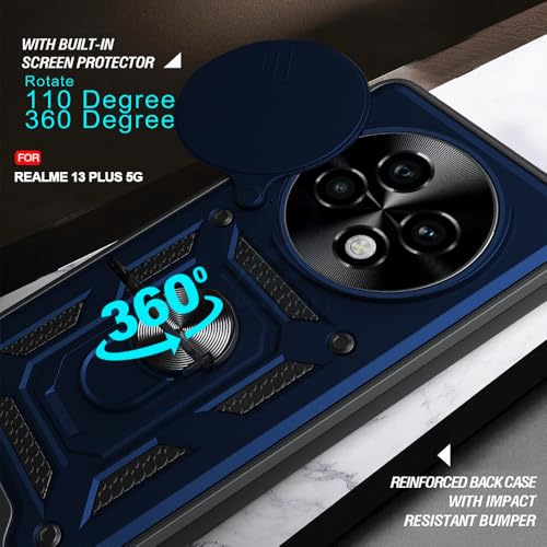 Image of AESTMO Tough Armor Realme 13 Plus / P1 Speed 5G Bumper Back Case Cover | Ring Holder & Sliding Camera Shield Cover | 360 Degree Protection Back Case Cover for Realme 13 Plus / P1 Speed 5G (Blue)