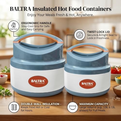 Image of BALTRA Inner Stainless Steel Thermoware Casserole Set with Lid for Roti /Chapati (1500ml, 2000ML) | Insulated Hot Pot for Hot Meal /Chapati /Curry Set /Biryani | Serving Bowl with Lid (OPERA SET OF 2)