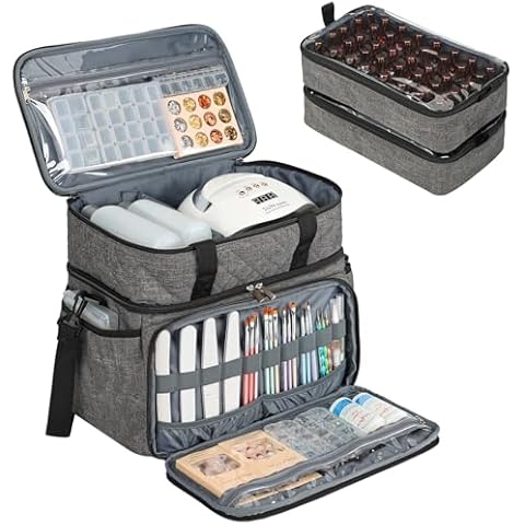 HOMEST Double Layer Nail Polish Organizer Hold 80 Bottles (15ml/0.5 fl. oz) and a Nail Lamp, Nail Polish Case with 2 Removable Pouches, Storage Bag for Manicure Tools, Grey (Bag Only) Cover