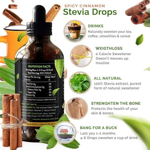 Enzo Liquid Stevia Drops Our Zero Calories Sweetener (4oz - 800 Servings/Bottle) - Cinnamon - All Natural flavoring with No Artificial Additives & Filler Ingredient