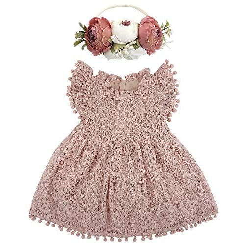 BGFKS Baby Girl Tutu Dress Elegant Lace Pom Pom Flutter Sleeve with Flower Headband Set