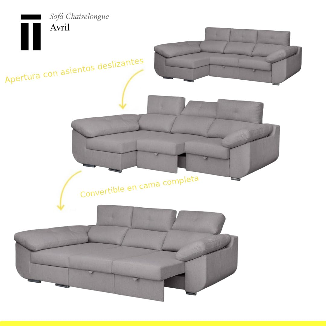 SHIITO | Modelo Avril - Sofá 3 Plazas Izquierda con Chaiselongue y Asientos Deslizantes | Diseño Moderno y Sofisticado | 280 x 150 x 100 cm - Color Ceniza