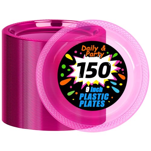 WELLIFE Neon Pink Party Plates 9 Inch -150 Count, Translucent Pink Plastic Disposable Dessert Neon Plates for Fluorescent Neon Theme Party Cake Salad Appetizers Easter Baby Shower Mother's Day WELLIFE Neon Pink Party Plates 9 Inch -150 Count, Translucent Pink Plastic Disposable Dessert Neon Plates for Fluorescent Neon Theme Party Cake Salad Appetizers Easter Baby Shower Mother's Day