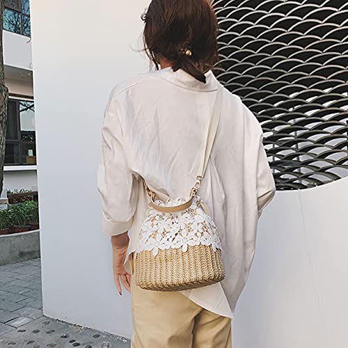 Rcheommo Women Cross Body Bohemian Straw Bag Straw Drawstring Bucket Straw Bag Flower Lace Decor Handwoven Rattan Ba3