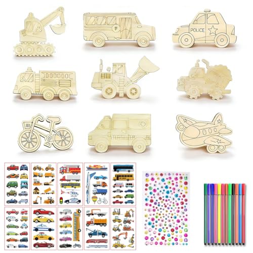 OPVYAEU Set creativo 50 pezzi per bambini, legno, pennarelli, adesivi, strass, bricolage, pittura, fai-da-te, scrapbooking, gioco educativo e regalo per bambini