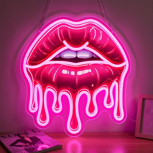 Image of Dripping Lips Neon Sign for Wall Decor, Pink LED Lip Light for Bedroom, Game Room, Bar, Aesthetic Sexy Lip Artwork, USB Powered Dimmable Neon Wall Light