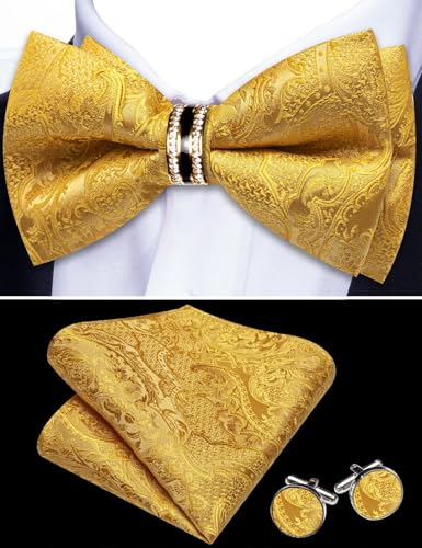 Image of YOHOWA Mens Bow Tie Set Paisley Pre-tied Bowties Adjustable with Handkerchief Cufflinks Gold Ring Set Wedding Prom Party