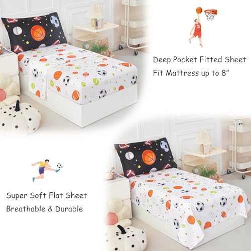 Image of PERFEMET Sports Theme Toddler Boys Bedding Set 4 Pieces Basketball Football Printed Toddler Comforter Set Reversible Design Ball Games Bed in A Bag (Black)
