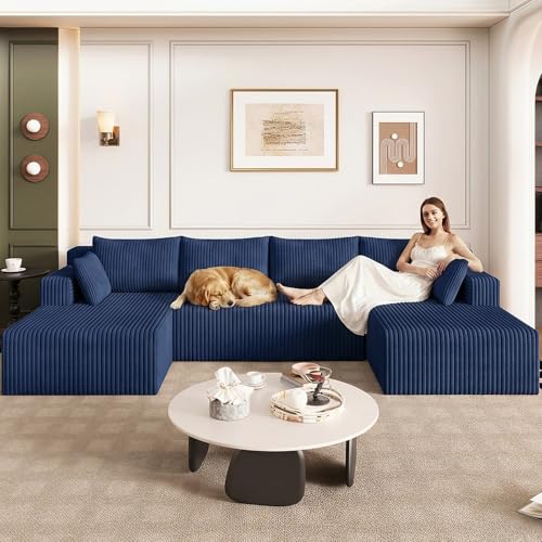Image of 124 inch Modular Sectional Sleeper Sofa, Boneless Cloud Couch for Living Room, U Shaped 3 Seat Sofa with Deep Seat, Free Combination, Couch in a Box, No Assembly Required (Blue)