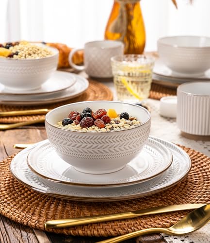 Image of GBHOME Dinnerware Sets for 4, Farmhouse Style Stoneware Plates and Bowls Sets, 12 Pieces Embossed Scratch Resistant Dishes, Dishwasher & Microwave Safe, White