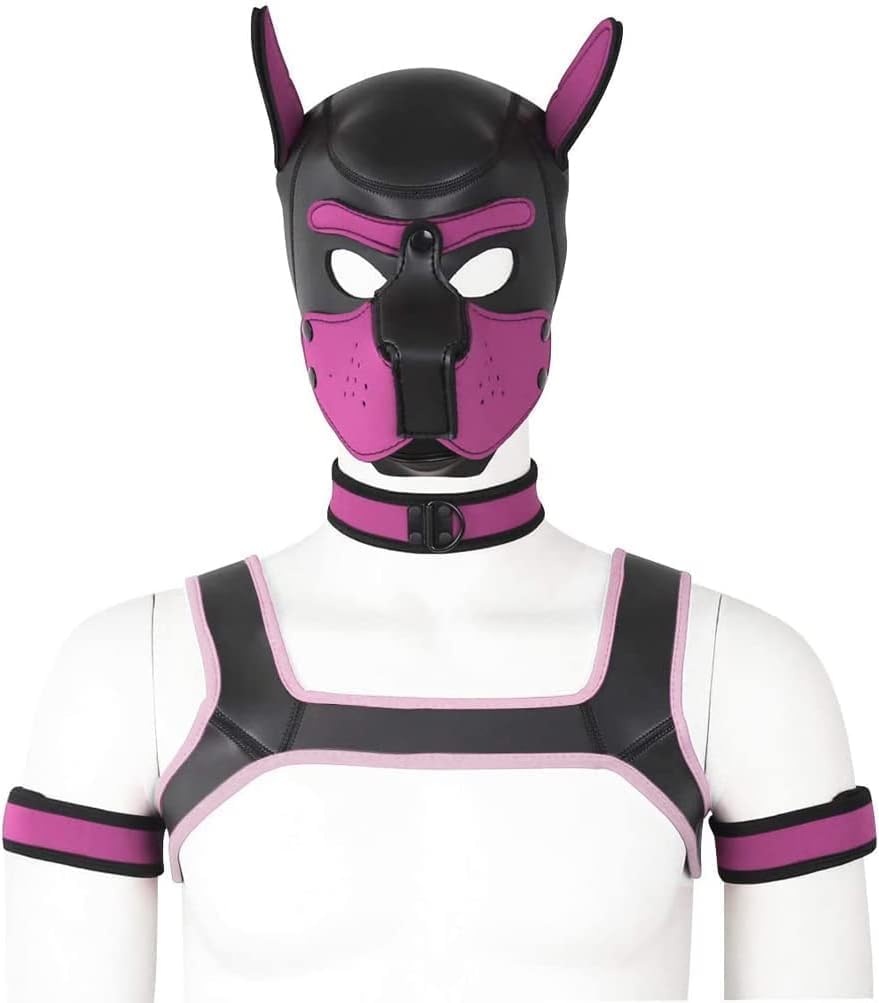 Adults Neoprene Puppy Hood Camo Full Face Mask Cosplay Costume Dog Head Masks (Pink Set, Large)