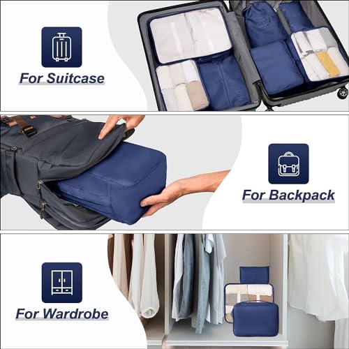 Image of 7pcs Set Travel Organizer Packing Cubes Lightweight Travel Luggage Organizers with Laundry Bag or Toiletry Bag Laundry Organiser. (Dark Blue)