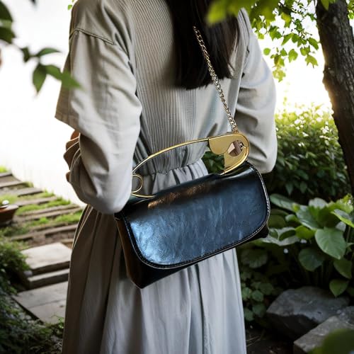 Women's Small Black Soft Pin Shaped Vegan Leather Crossbody Purse Bag with Gold Metallic Handles & Chain3