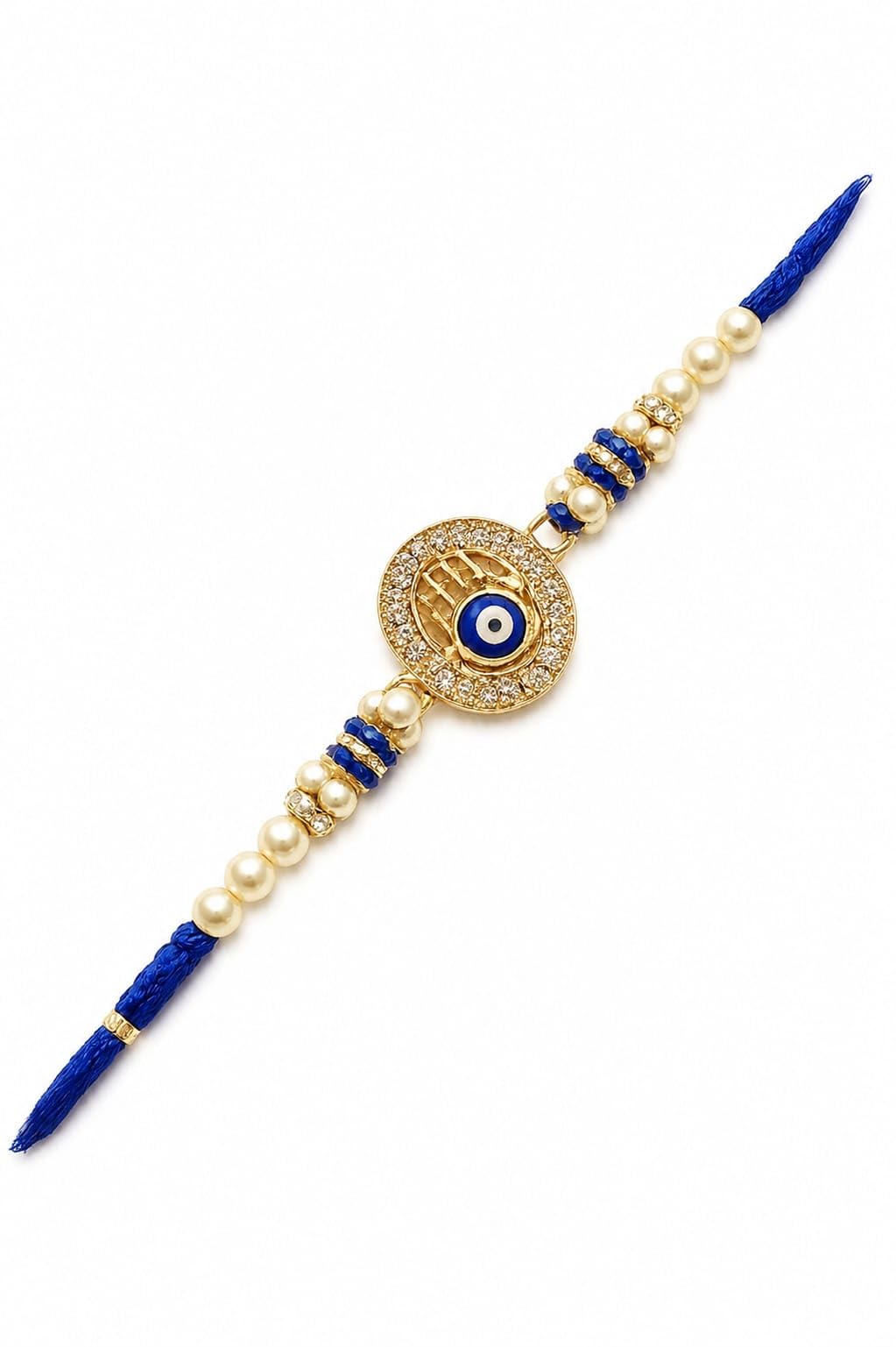 Evil Eye Hamsa Rakhi with Pearl Beads, Blue and Gold-image-34