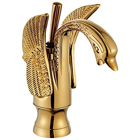 Wovier Shiny Polished Gold Swan Bathroom Sink Faucet, Single Handle Single Hole Lavatory Faucet,Short Body Basin Mixer Tap with Supply Hose and Pop Up Drain Assembly Cover