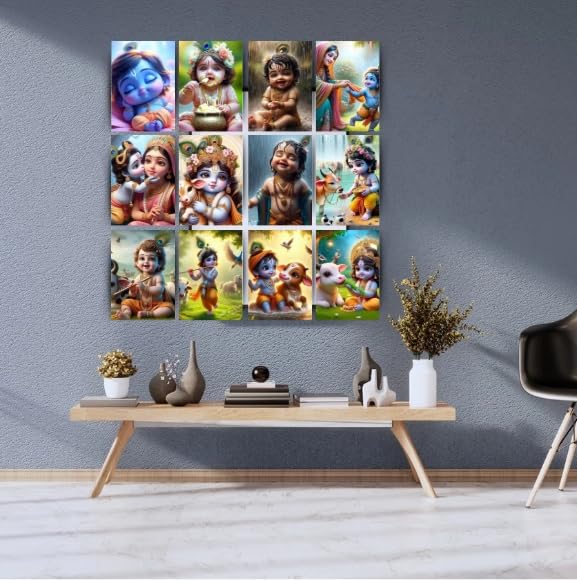 Image of Posters Inc Set of 12 Positive Vibes Bal Krishna Wall Stickers | Cute Baby Krishna Posters for Pregnant Women & Kids Room | HD Print on 300 GSM A4 (8x12 Inch) with Glue Dots | Aesthetic Baby God Wall Art, Nursery & Home Decor