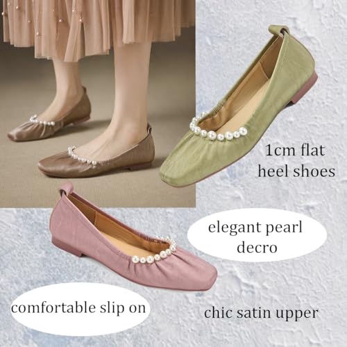 Elegant Dress Satin Flats Women Square Toe Ballet Flats Pearl Bridal Flats Slip on 1” Flat Heel Dress Shoes Soft Comfy Walking Flats Wedding 4-11 M US2