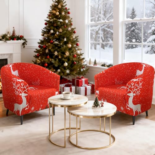 Image of SearchI Christmas Club Chair Slipcover Stretch Barrel Chair Covers Xmas Tub Chair Slipcovers Armchair Cover Removable Couch Furniture Protector Arm Chair Cover for Living Room(Red Christmas Elk)