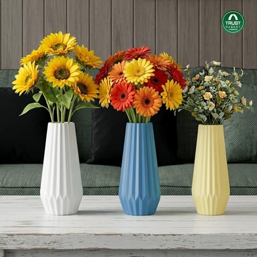 Image of TrustBasket Serene Flower Vase Blue White Yellow Set of 3 Decorative Plastic Table Accent for Living Room, Bedroom & Dining Table, Modern Home Decor Display for Fresh or Artificial Floral Arrangements