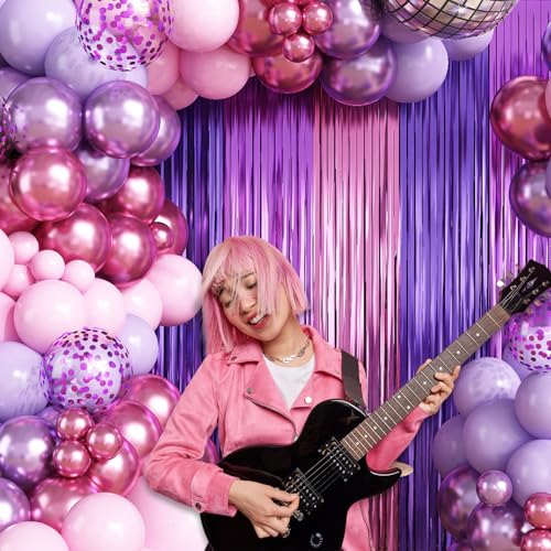 Image of Purple Pink Balloon Garland Arch Kit Birthday Party Decorations, Music Themed Foil Fringe Curtains Backdrop Tinsel Streamer Photo Booth Props for Butterfly Galentines Day Wedding Party Decor Supplies