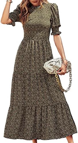 BTFBM Women Casual Summer Dresses 2026 Spring Crew Neck Ruffle Short Sleeve Smocked Floral Boho Flowy Maxi Dress Clothes