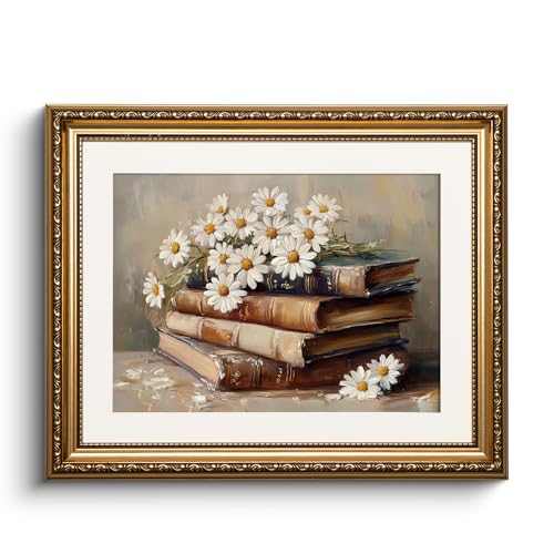 HUARCEY Leinwand Bilder mit Gold Rahmen, klein Vintage Wandbilder, Gänseblümchen und Büchern Painting, Wand Deko Wohnzimmer Schlafzimmer Arbeitszimmer, Bauernhaus Deko Aesthetic,33x40cm