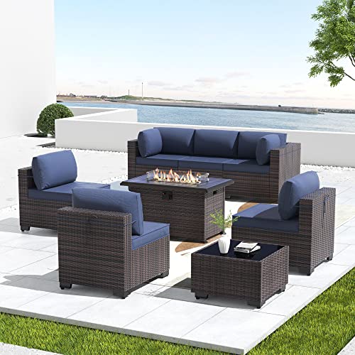 Kullavik 8 Pieces Outdoor Patio Furniture Set With 43" 55000Btu Gas Propane Fire Pit Table Pe Wicker Rattan Sectional Sofa Patio Conversation Sets,Dark Blue #TOP19