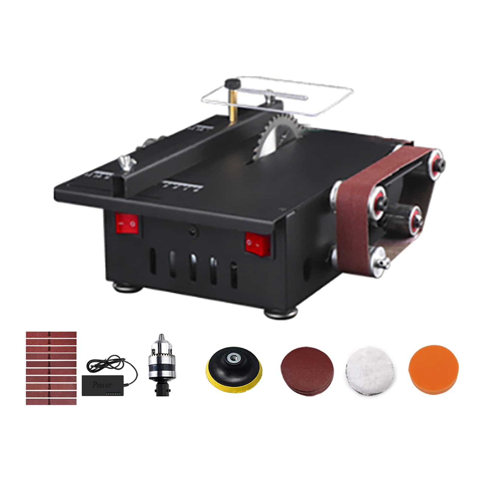 IDEQUY 100-240V Micro Mini Desktop Table Saw, Multifunctional Electric Woodworking Cutting Machine 30x420MM Belt Sander Knife Sharpener