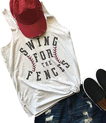 Swing for the Fences Racerback Tank Top Baseball Graphic Printed Tee Women Summer Sleeveless Casual Shirt Size S (Light Grey)