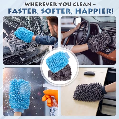 Image of Patelai 30 Pcs Car Wash Mitts Bulk Microfiber Scratch Free Detailing Chenille Car Washing Gloves Hand Double Sided Absorbent Cars Sponge for Washing Cleaning Trucks Boats, 9.45 x 5.9 Inch(Grey,Blue)
