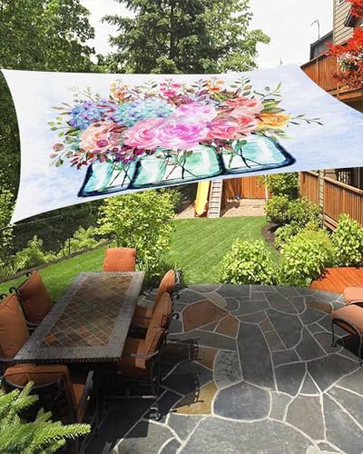 Boanket Sun Shade Sail 8' x 10', Spring Floral Rectangular Waterproof Outdoor Sun Shades, Summer Botanical Blue Ombre Watercolor Shade Cloth for Patio Deck Terrace Garden Lawns Beach Backyard