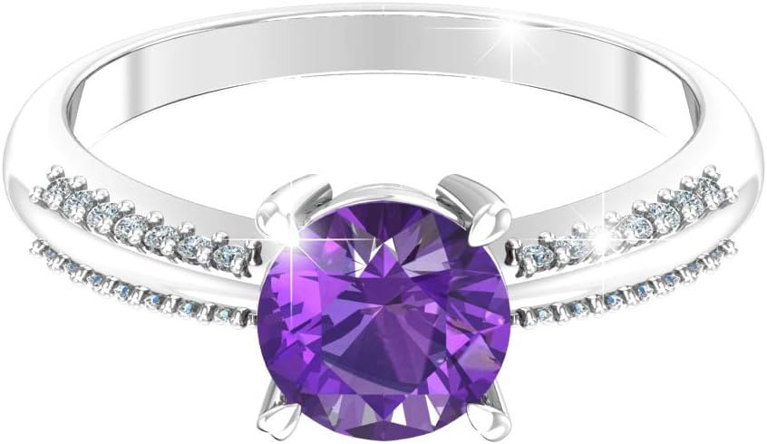 Ring for Womens 925 Sterling Silver Ring Purple Amethyst Gemstone Ring 7 mm Round Sparkling Fine Ring Jewelry Band Gift for Engagement Wedding, Size 8 - Image 3