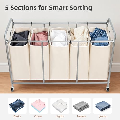 Image of STORAGE MANIAC 5 Section Laundry Sorter, 5 Bins Rolling Separator Laundry Basket, Dirty Clothes Hamper Divider with Heavy Duty Lockable Wheels, Large Clothes Organizer Cart, Beige