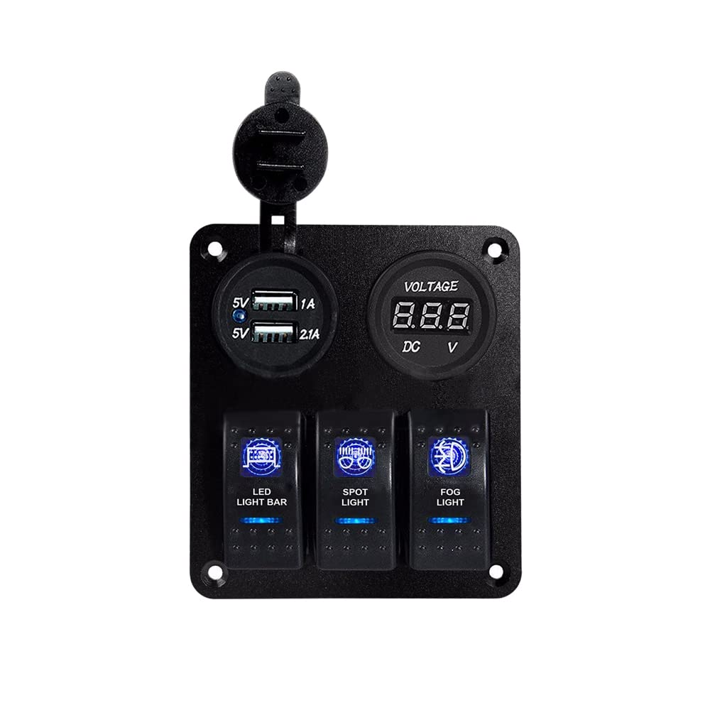 Riloer Pannello interruttore combinato a 3 bande 12 V - 24 V ABS Marine Boat Car Dual USB Automotive On-Off Rocker Switch Panel con LED, con luce LED blu/rosso/verde