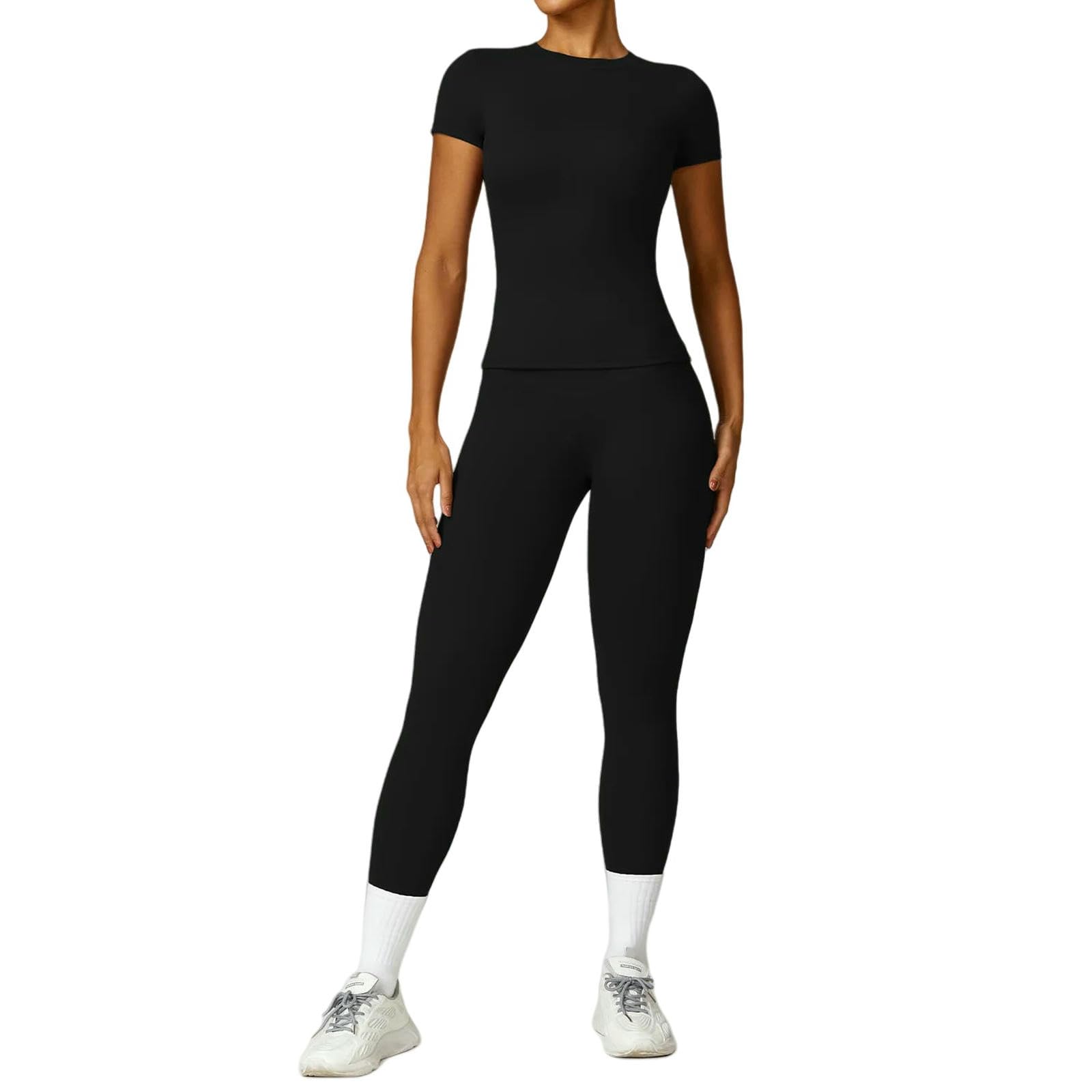 bielizna modelująca joga odzież na siłownię odzież sportowa kostiumy do jogi dla kobiet fitness dresy z krótkim rękawem biustonosz sportowy legginsy na siłownię, Czarny zestaw-3, M