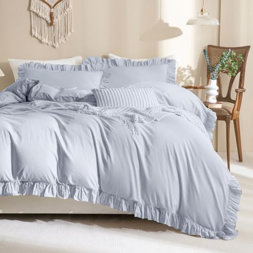 Image of QSH Ruffle Duvet Cover Queen Size Washed Cotton,3pc Linen Feel Farmhouse Shabby Vintage Ruffled Bedding Set French Country Rustic Cornflower Blue Comforter Cover Aesthetic Soft Quilt Cover Set