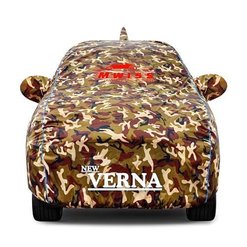 Image of Waterproof Car Cover for Hyundai New Verna | Dustproof, UV & Scratch Resistant Soft Cotton Lining | Triple Stitched, Mirror Pockets & Elastic Hem | Jungle