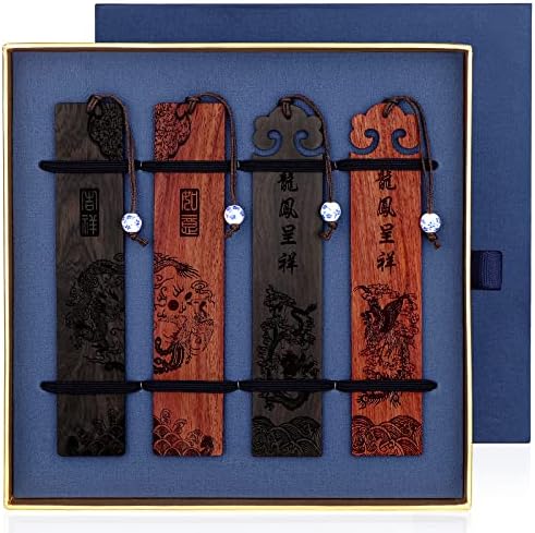 Wood Bookmark, Bookmarks for Men, Handmade Natural Wooden Carving Dragon and Phoenix Bookmarks Box Set for Teachers Appreciation, Birthday, Gift, Graduation Season, Book Lovers (4Pieces)