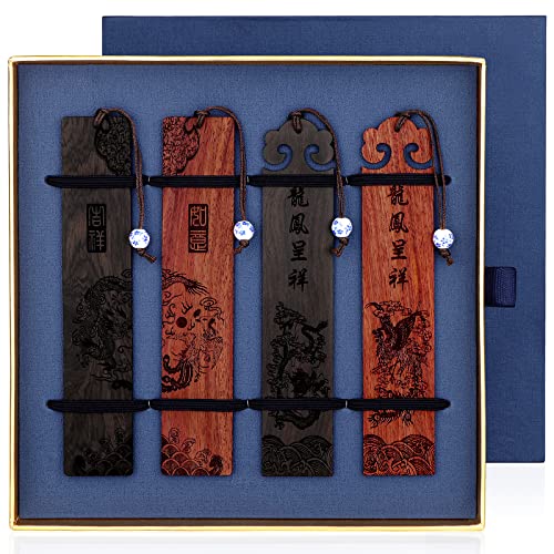 Wood Bookmark, Bookmarks For Men, Handmade Natural Wooden Carving Dragon And Phoenix Bookmarks Box Set For Teachers Appreciation, Birthday, Gift, Graduation Season, Book Lovers (4Pieces) #TOP1