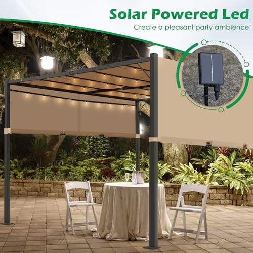 10'x10' FT Heavy-Duty Outdoor Pergola Aluminum Pergola with Retractable Sun Shade Canopy and Solar LED Lights, for Garden, Deck, and Backyard (TAN)