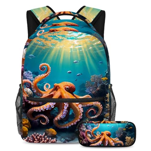 Sac à dos grande capacité avec trousse pieuvre mignonne pour garçons et filles