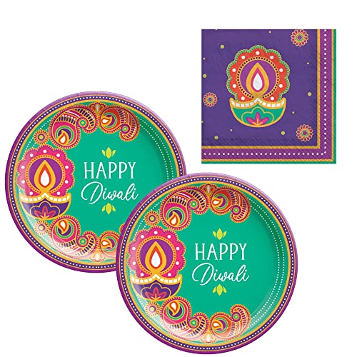 Rangoli Dream Party Supplies - Plates and Napkins - Diwali-inspired Rangoli Patterns - Set for 16 People.