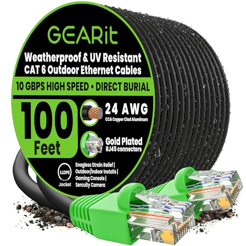 GEARit Cat6 Ethernet Cable 100ft Direct Burial Outdoor Cat 6 Cable 24AWG High Speed Up to 10Gbps/550 MHz LLDPE (PE) UV-Resistant Waterproof Jacket CCA RJ45 Internet Cable for Router- Black